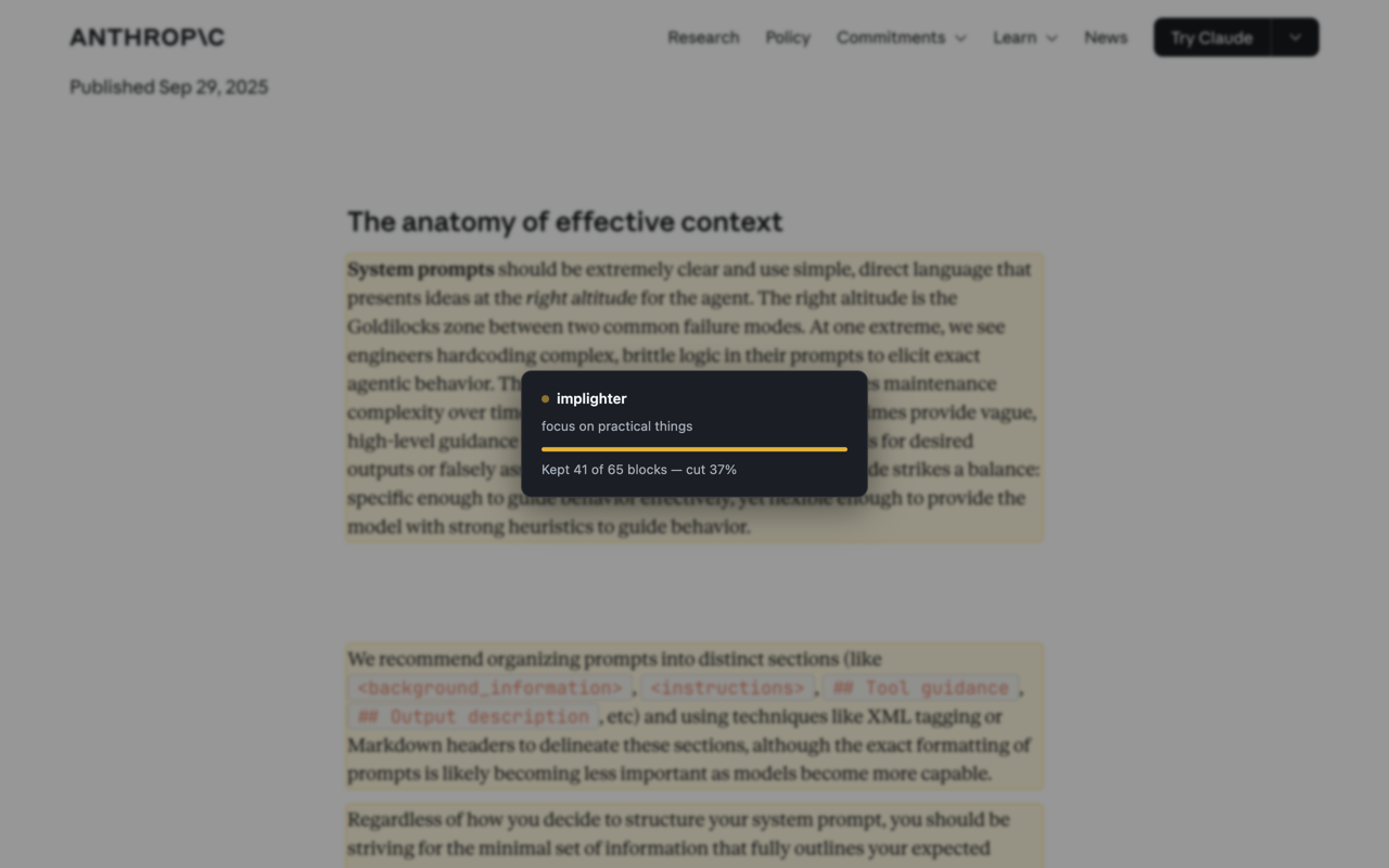 implighter running on an article: the goal is shown in a panel, irrelevant text is dimmed, and relevant passages are highlighted