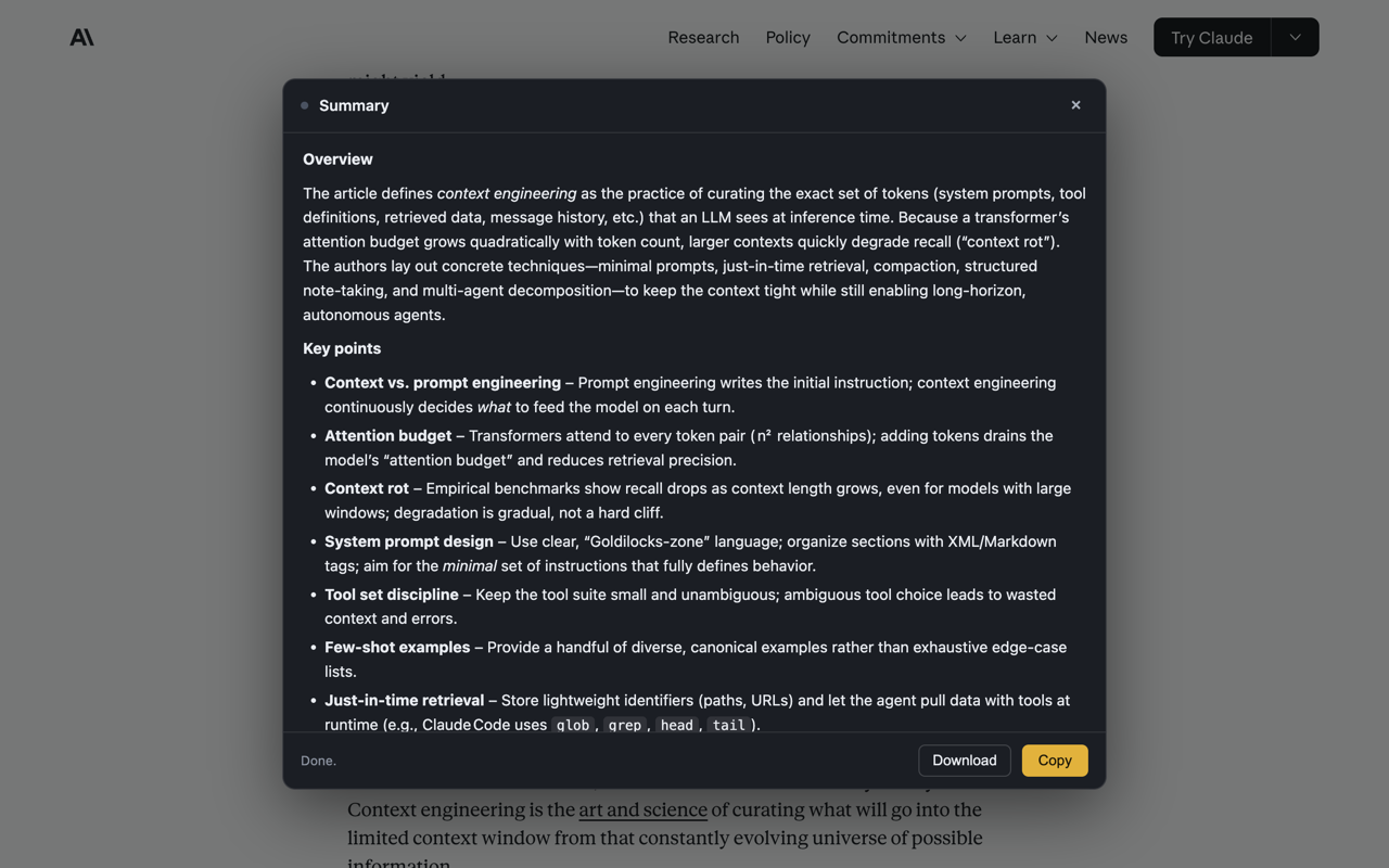 A page summary in a panel over the article, with an overview and key points