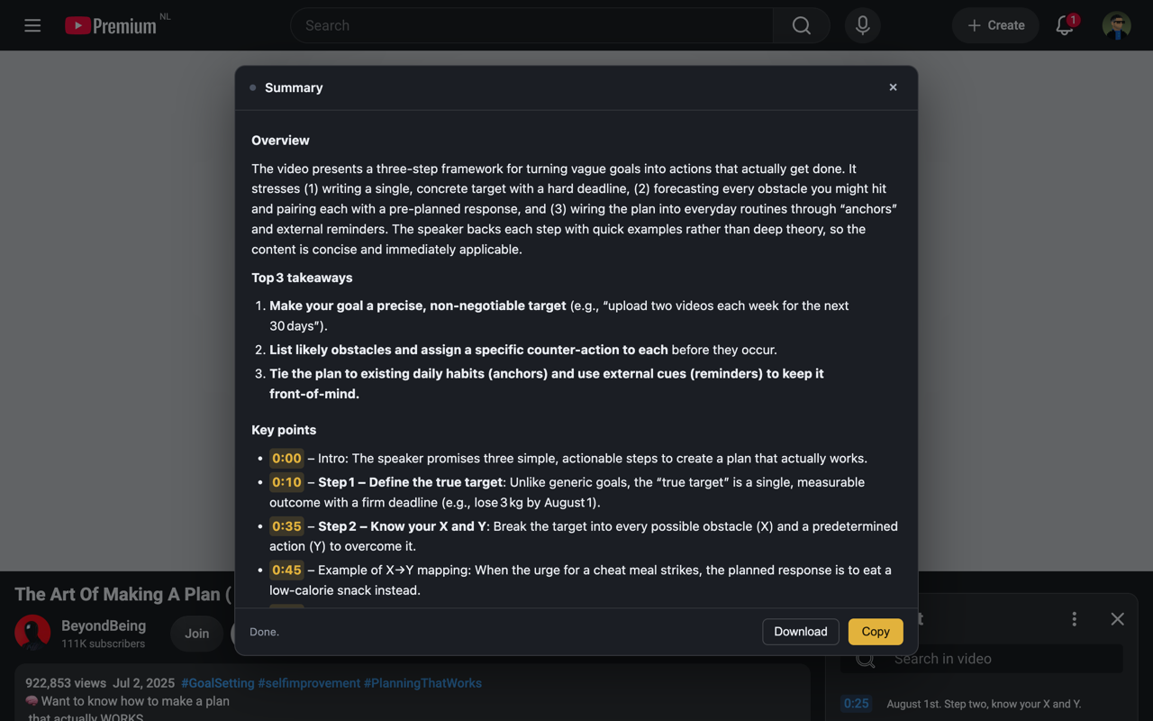 A YouTube video summary with clickable timestamps beside each key point